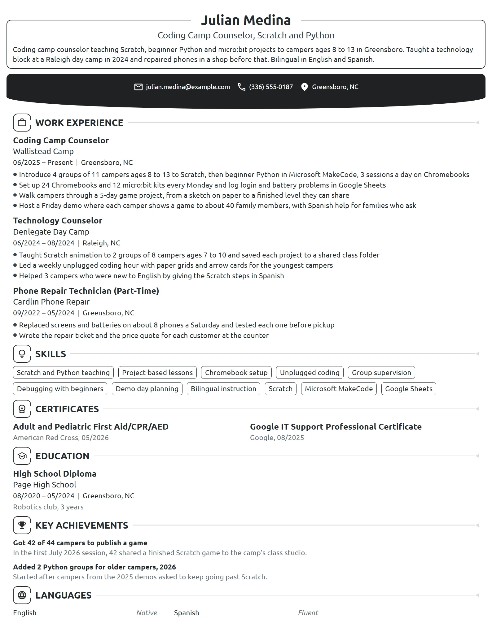 Coding Camp Counselor resume example