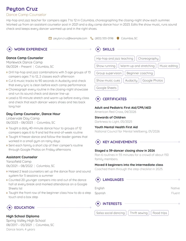 Dance Camp Counselor resume example