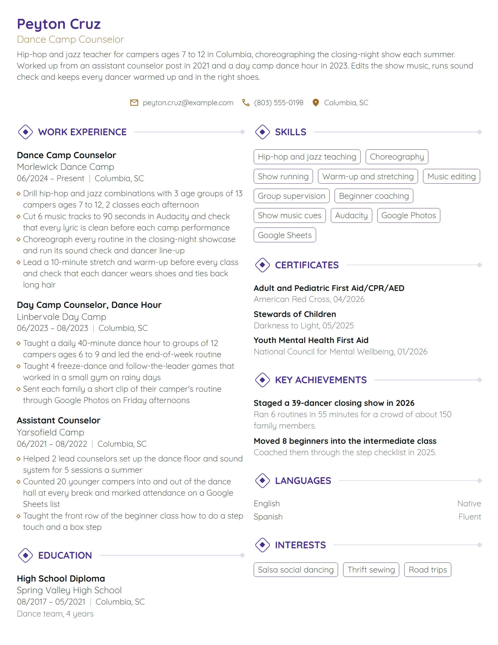 Dance Camp Counselor resume example