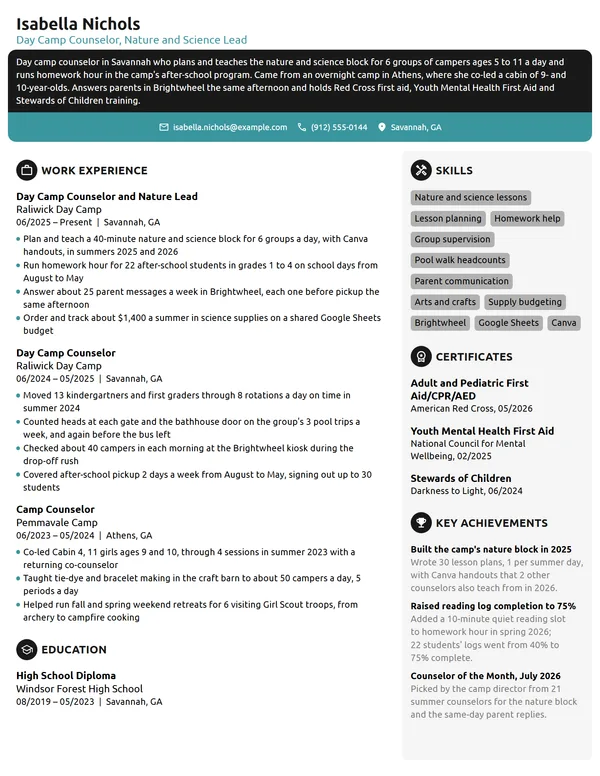 Day Camp Counselor resume example