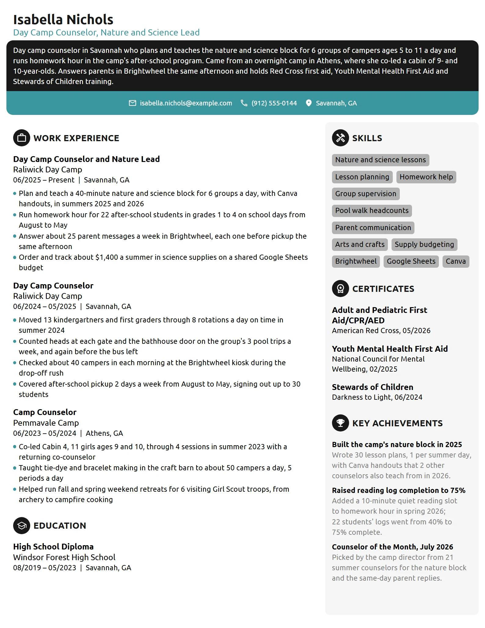 Day Camp Counselor resume example