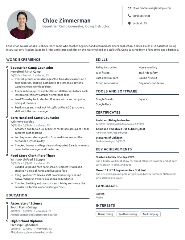 Equestrian Camp Counselor resume example
