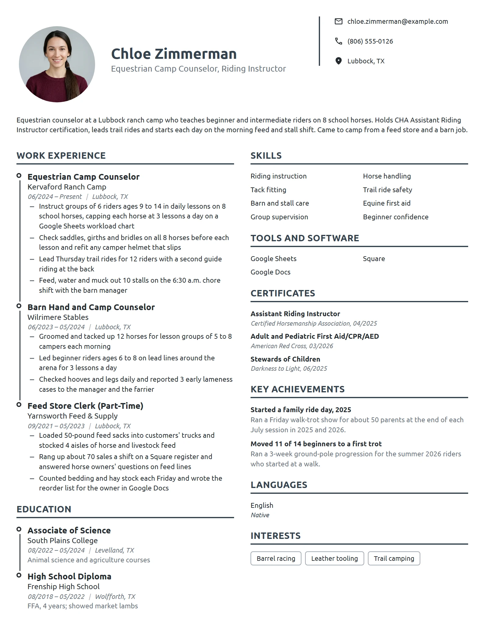 Equestrian Camp Counselor resume example