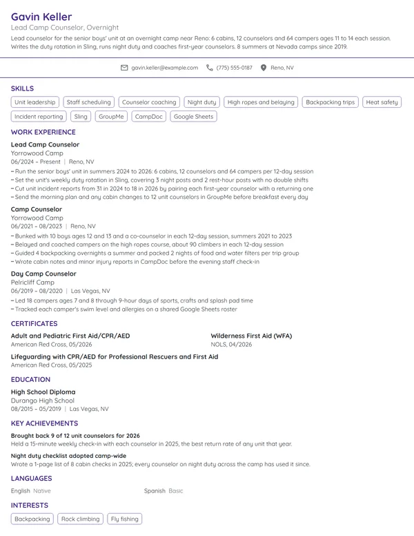 Lead Camp Counselor resume example