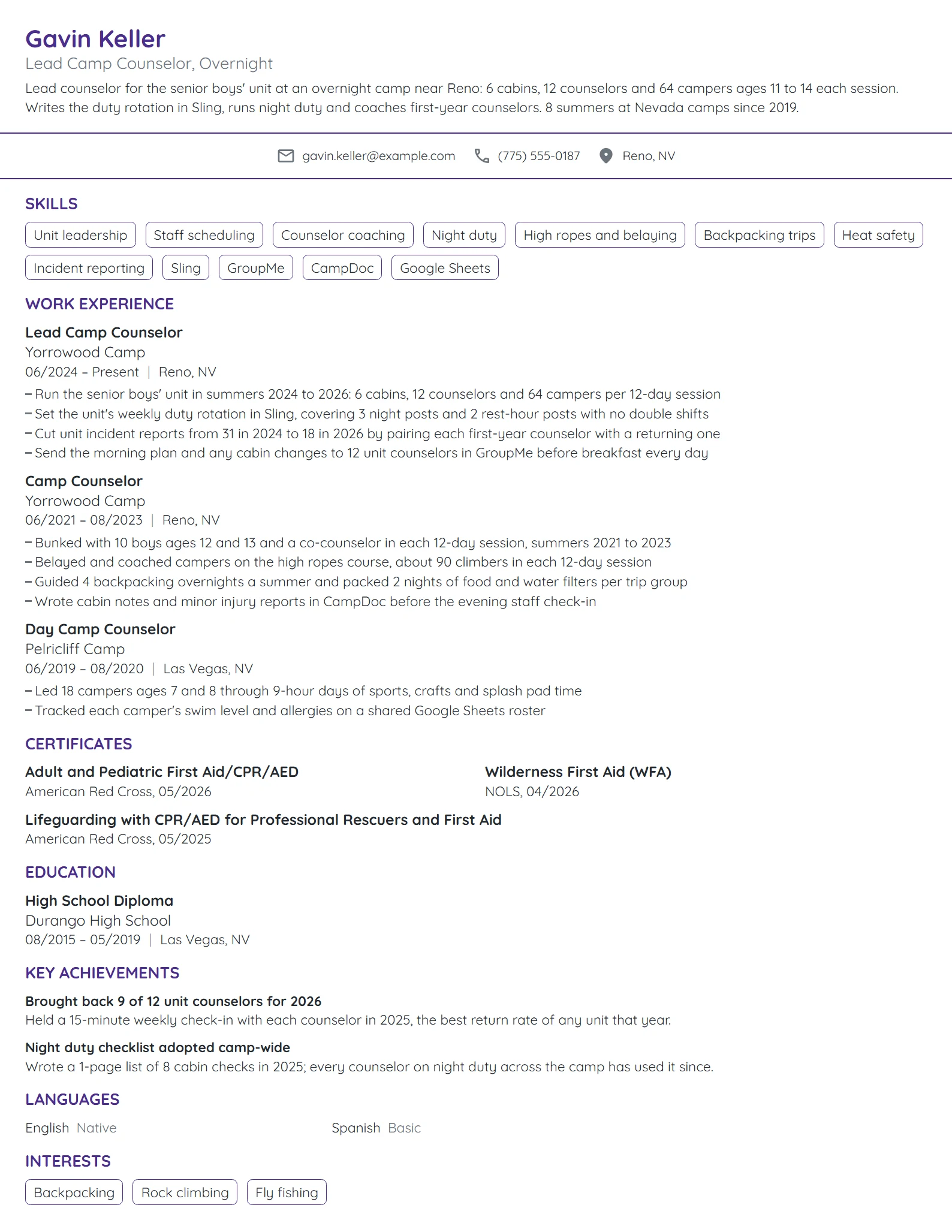Lead Camp Counselor resume example