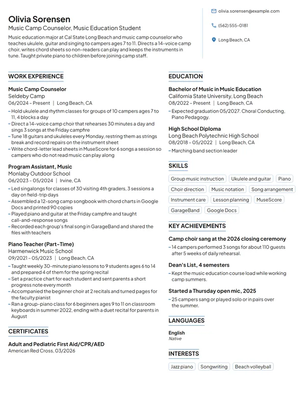 Music Camp Counselor resume example