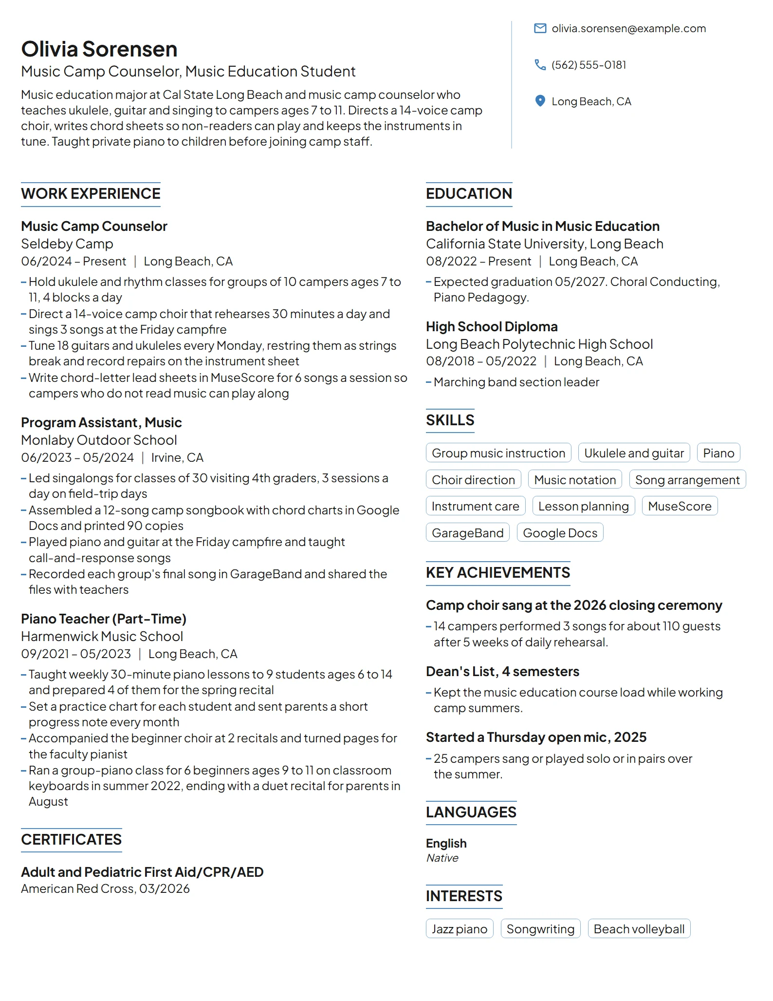 Music Camp Counselor resume example