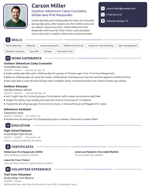Outdoor Adventure Camp Counselor resume example
