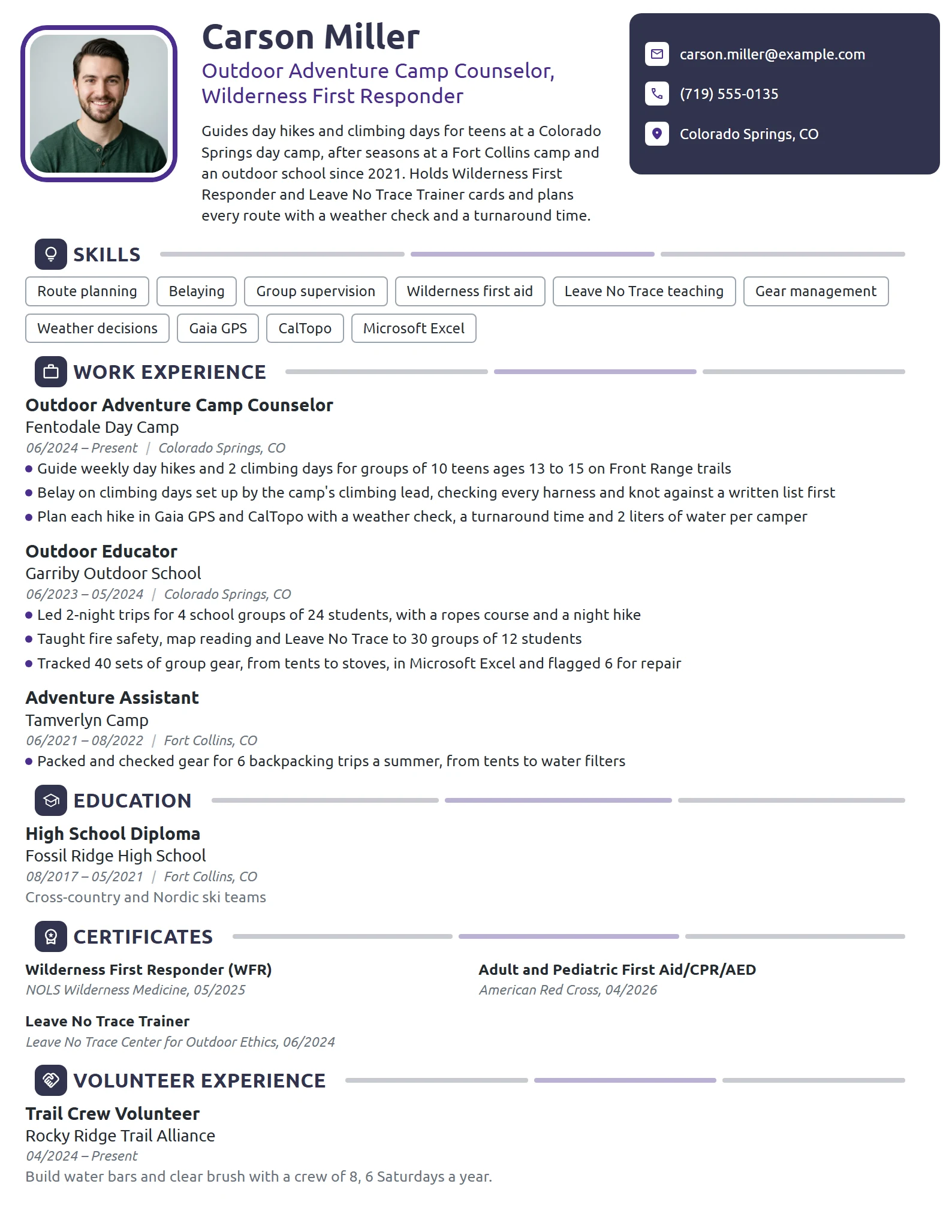 Outdoor Adventure Camp Counselor resume example