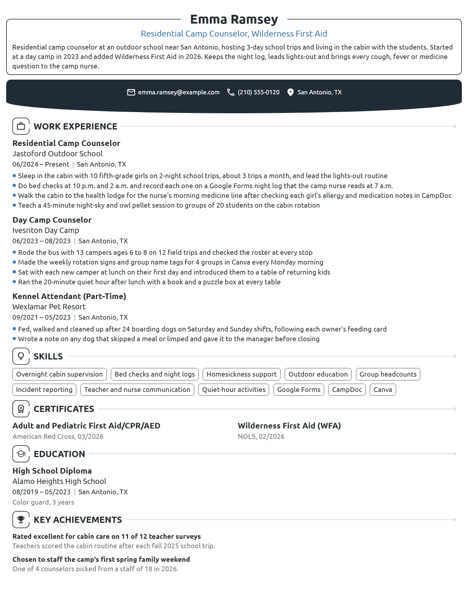 Residential Camp Counselor resume example