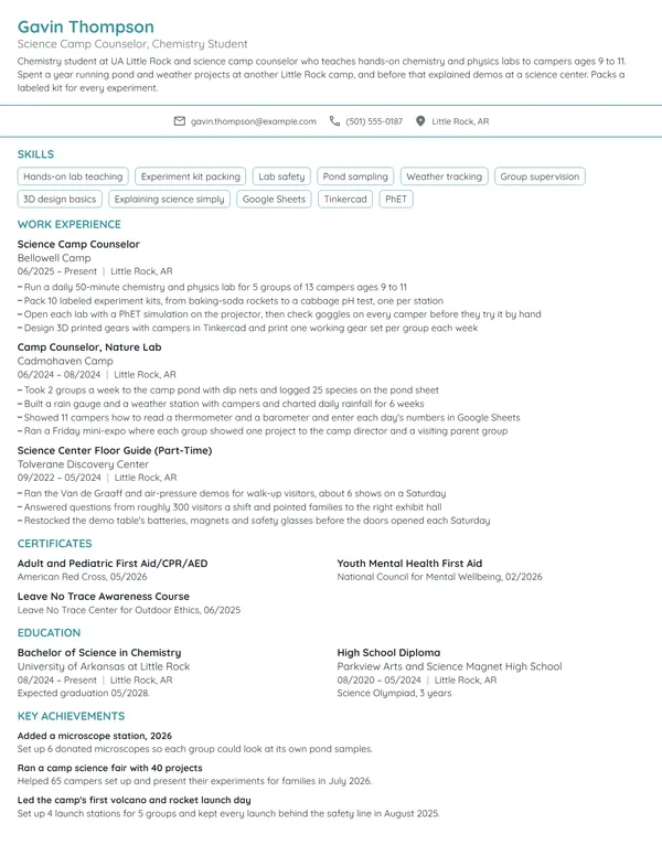 Science Camp Counselor resume example