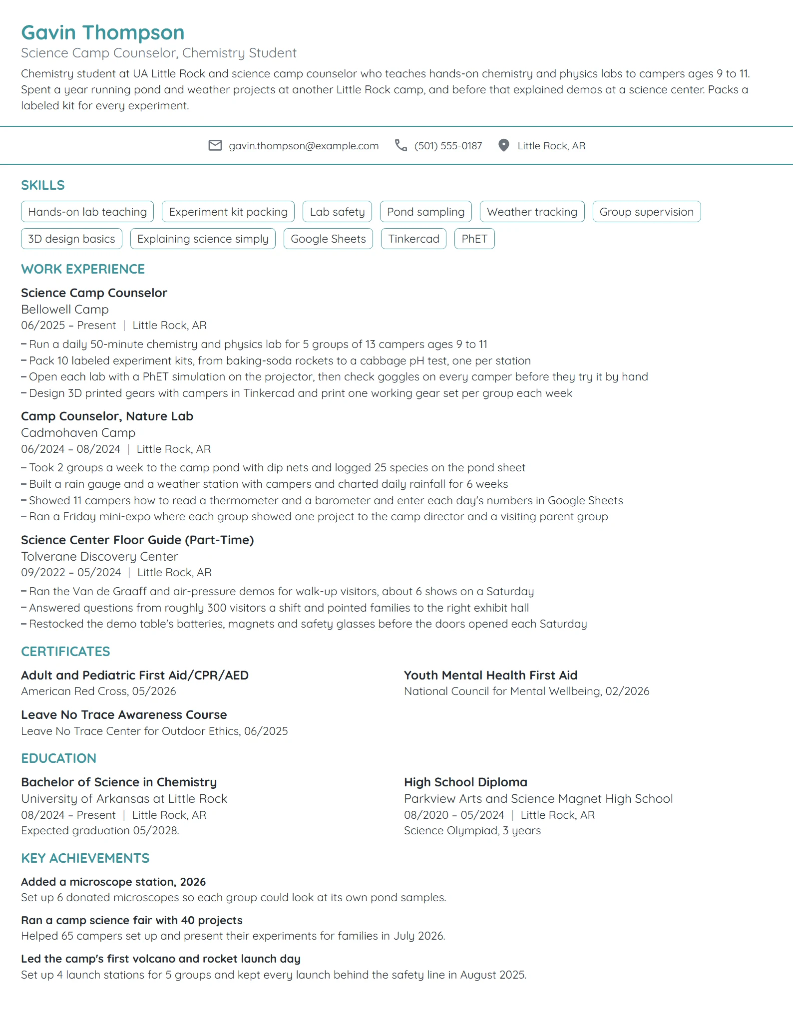 Science Camp Counselor resume example