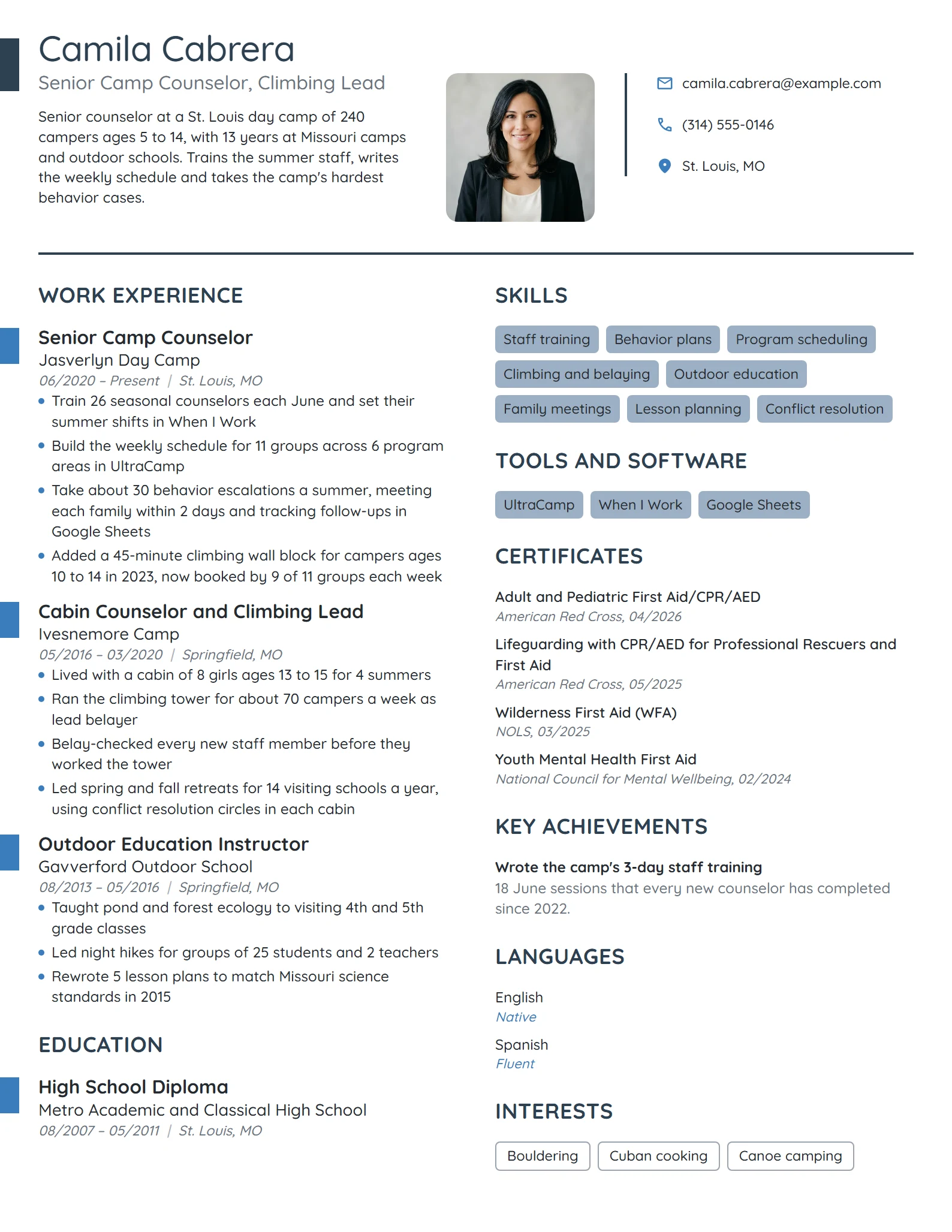 Senior Camp Counselor resume example