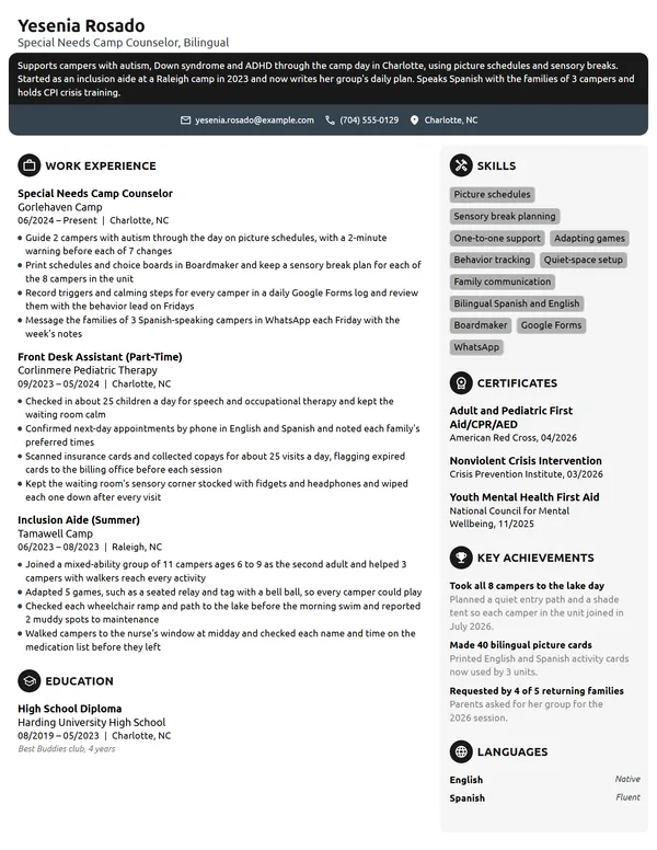 Special Needs Camp Counselor resume example