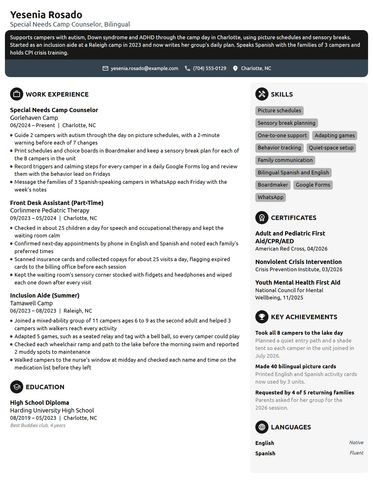 Special Needs Camp Counselor resume example