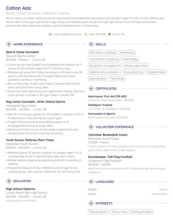 Sports Camp Counselor resume example