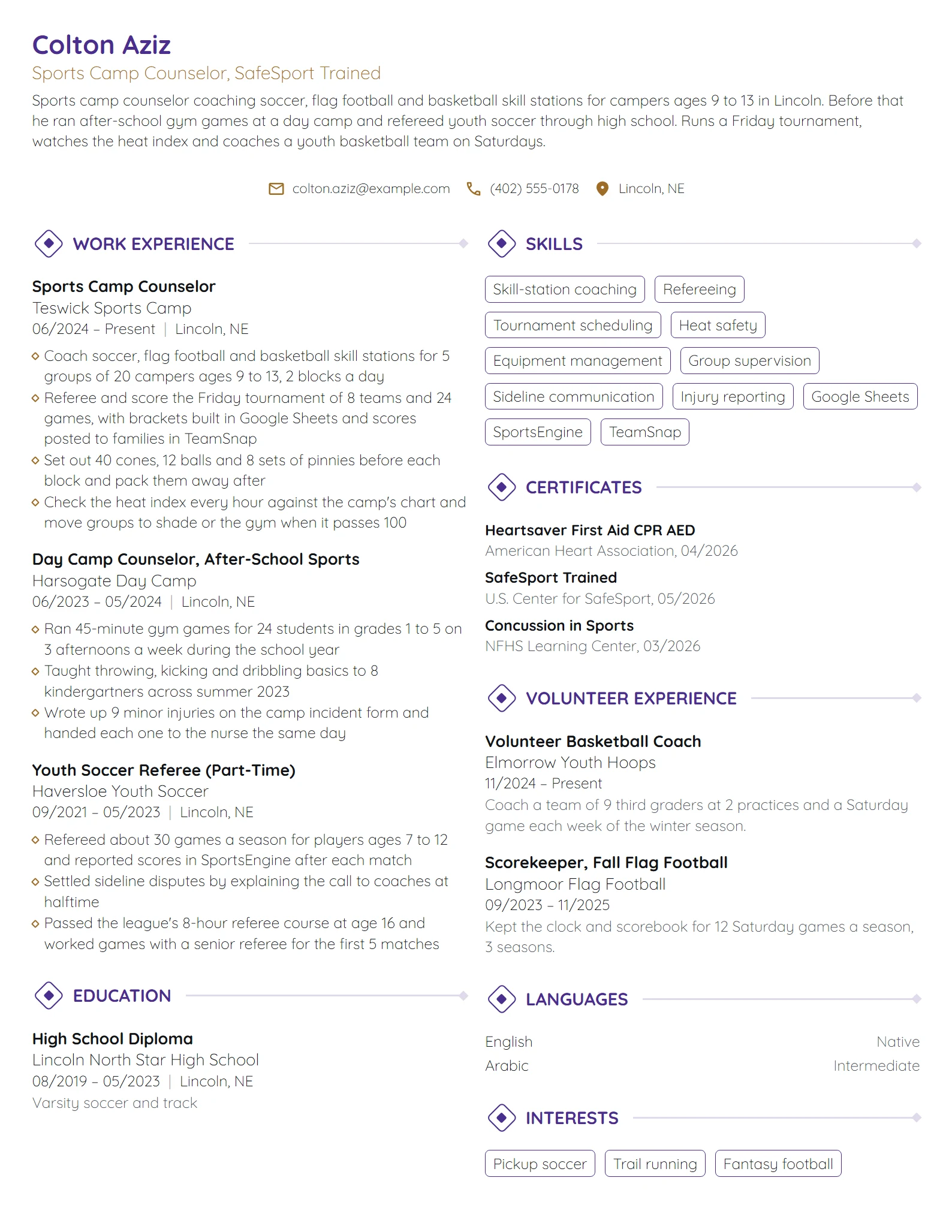 Sports Camp Counselor resume example