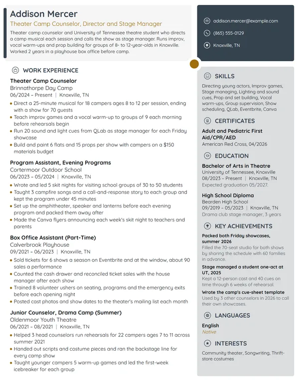 Theater Camp Counselor resume example