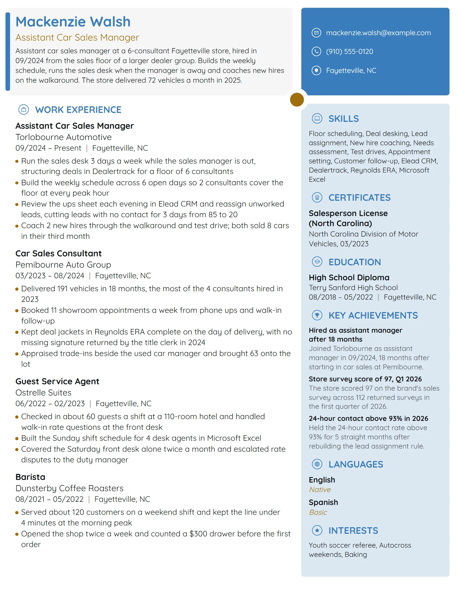 Assistant Car Sales Manager resume example