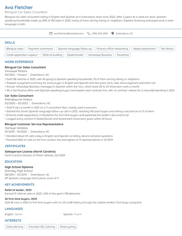 Bilingual Car Sales Consultant resume example