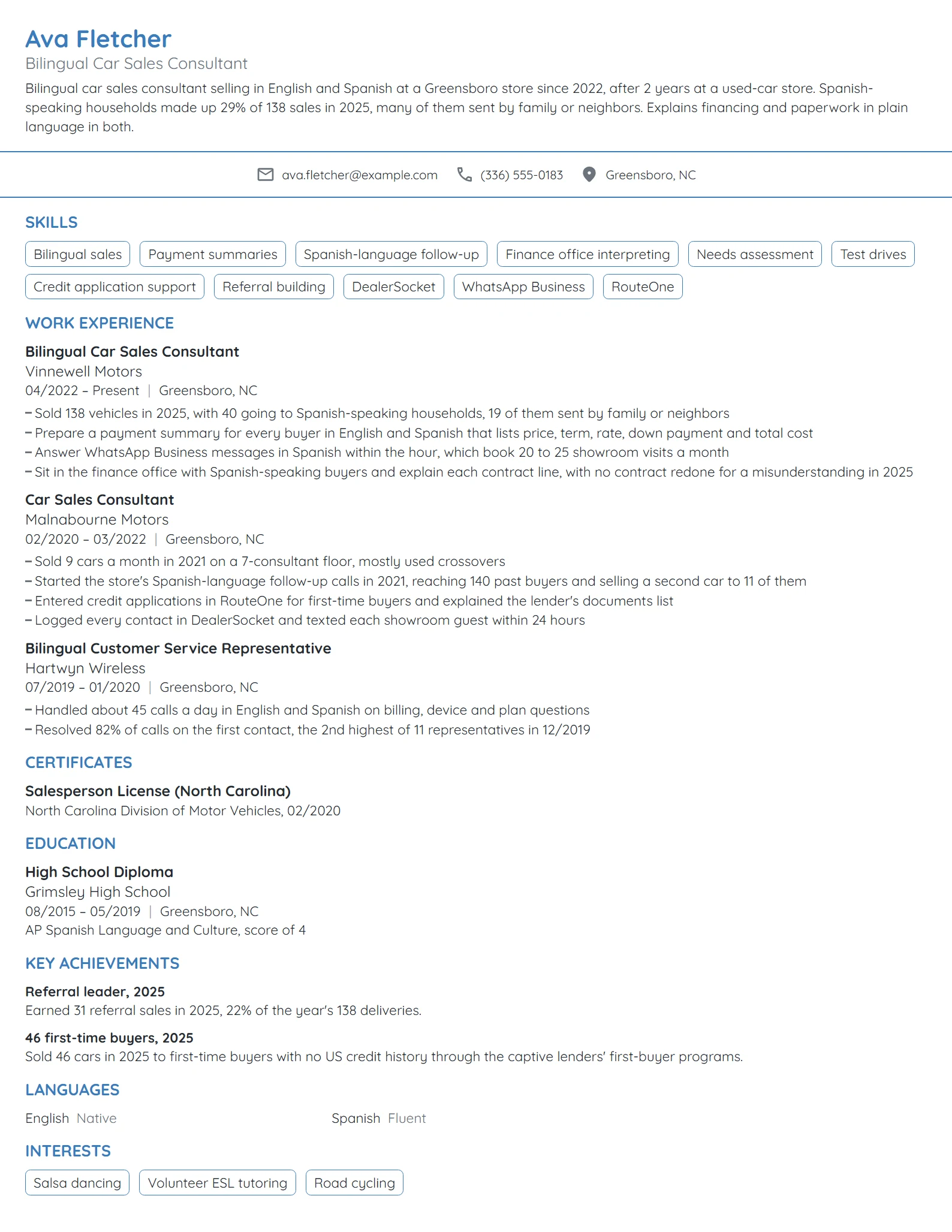 Bilingual Car Sales Consultant resume example