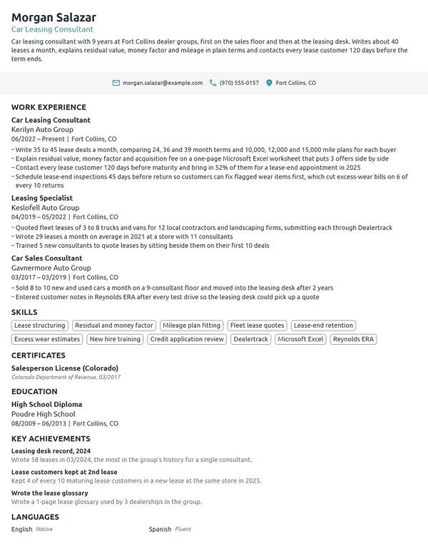 Car Leasing Consultant resume example