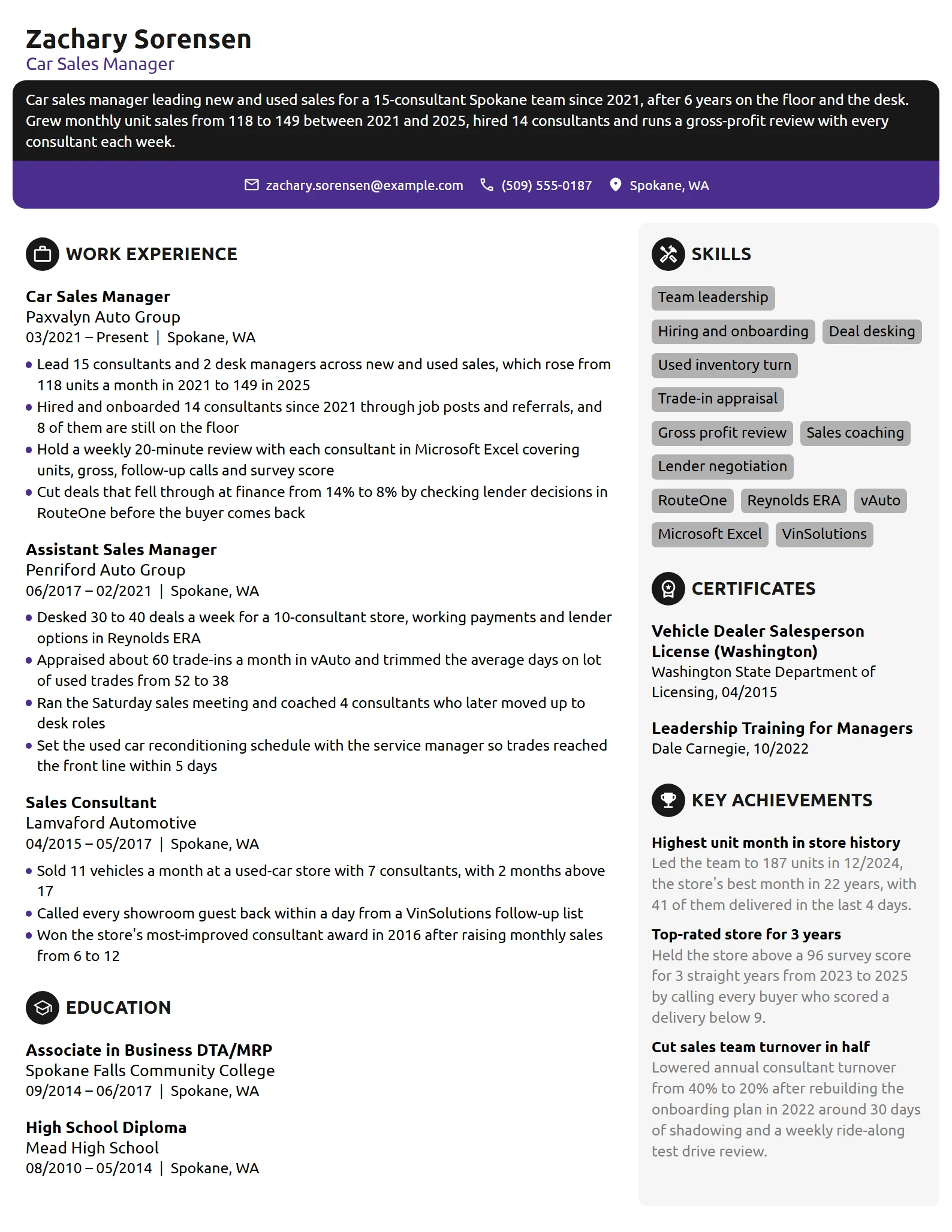 Car Sales Manager resume example
