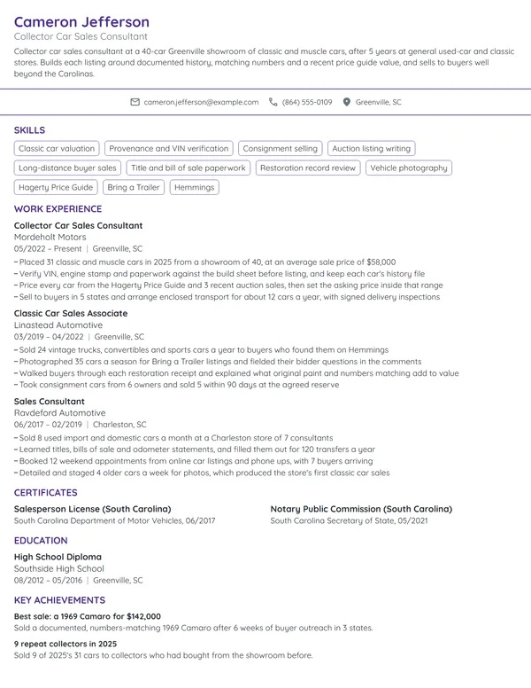 Collector Car Sales Consultant resume example