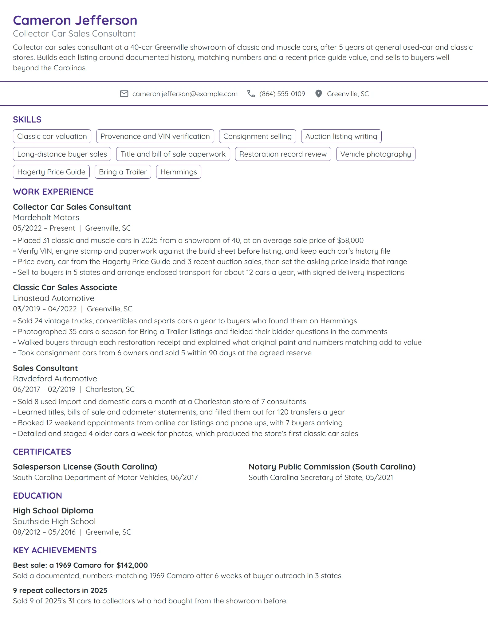 Collector Car Sales Consultant resume example