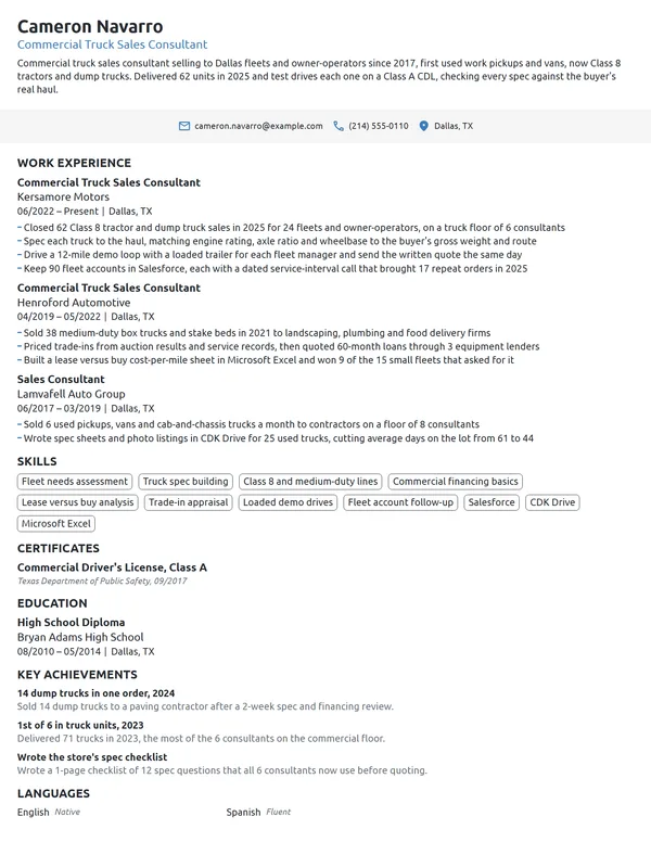 Commercial Truck Sales Consultant resume example