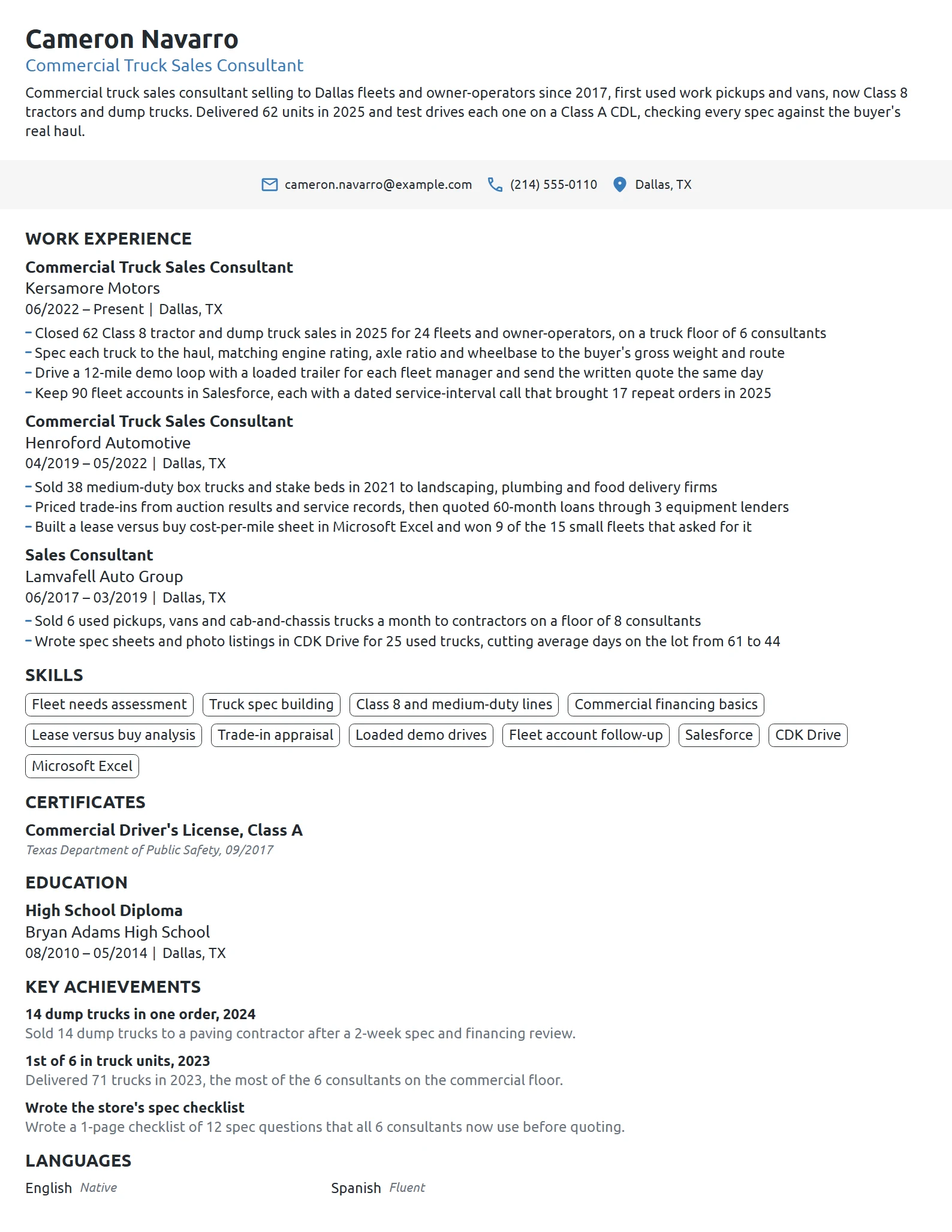 Commercial Truck Sales Consultant resume example