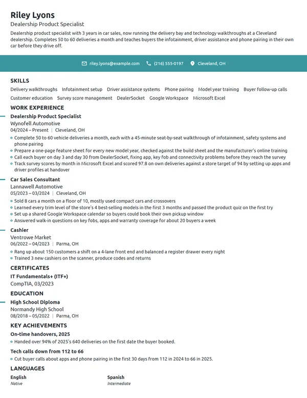 Dealership Product Specialist resume example