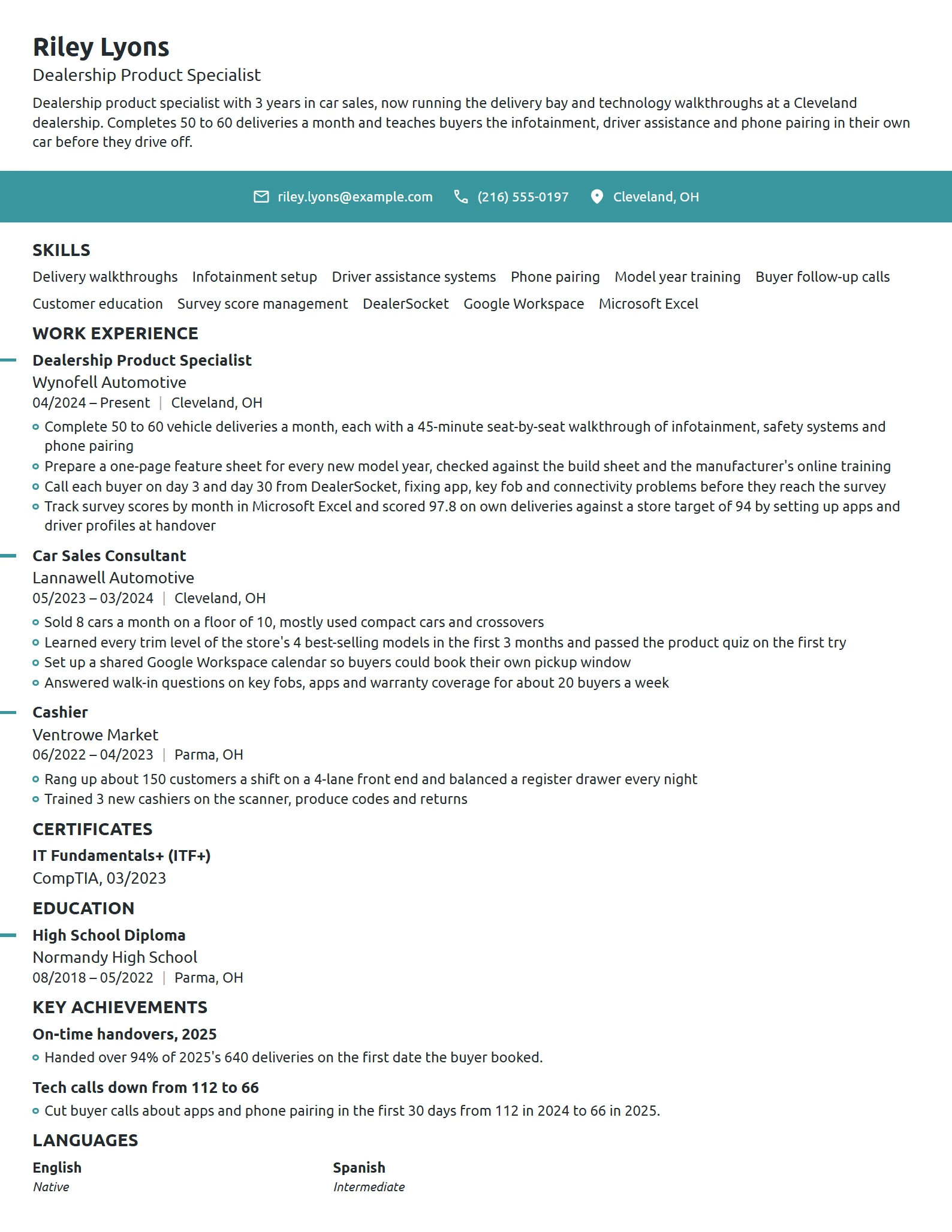 Dealership Product Specialist resume example