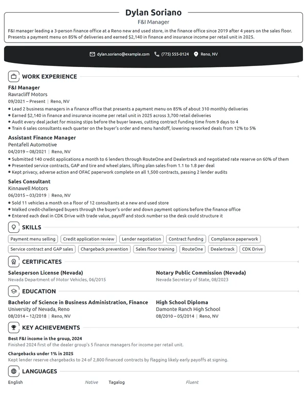 F&I Manager resume example