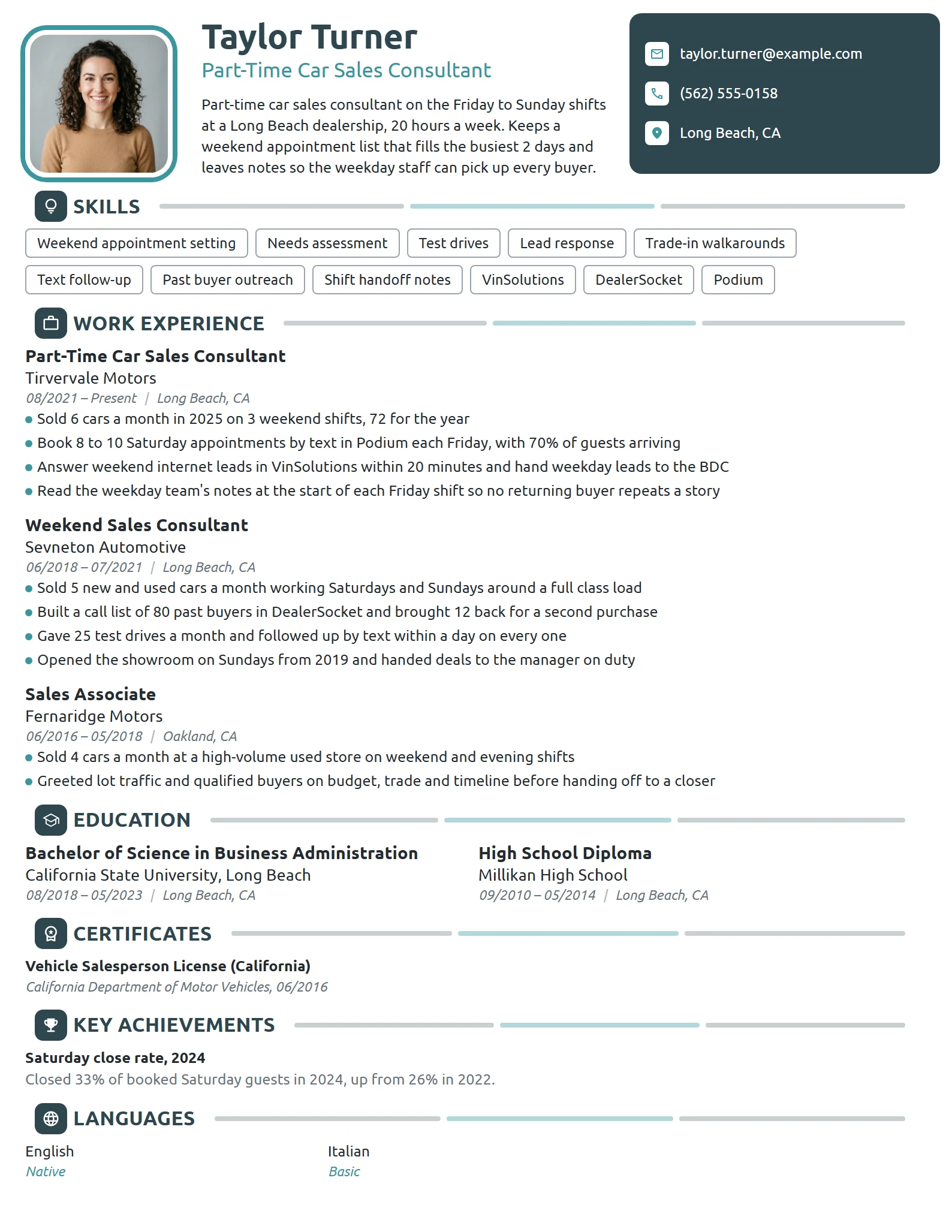 Part-Time Car Sales Consultant resume example