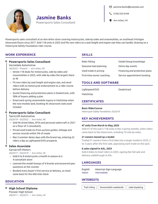 Powersports Sales Consultant resume example