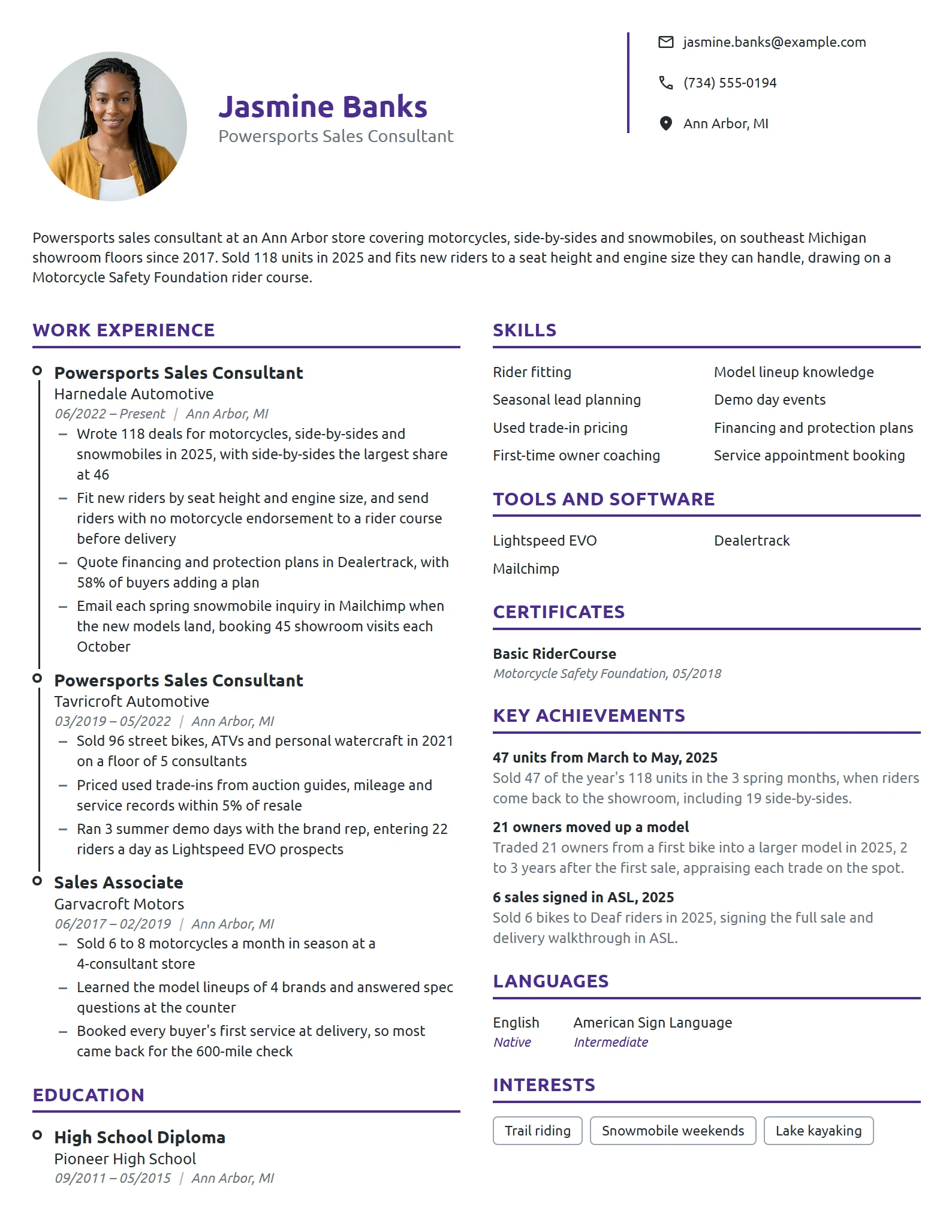 Powersports Sales Consultant resume example