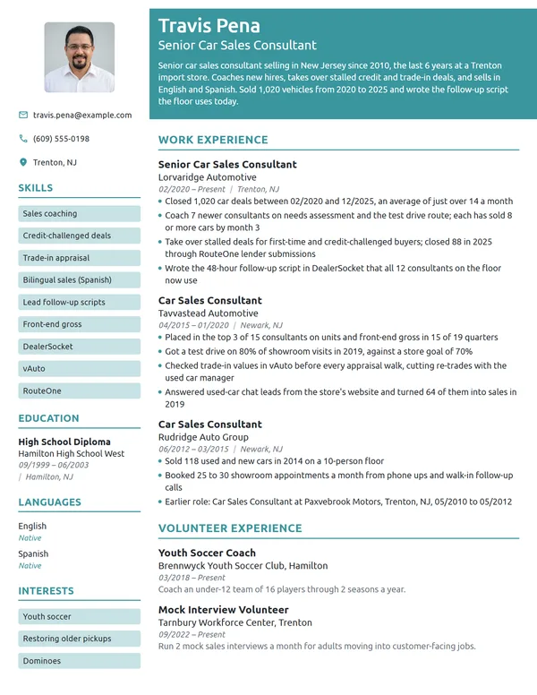 Senior Car Sales Consultant resume example