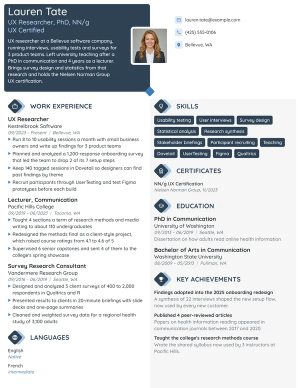 Career Change from Academia resume example