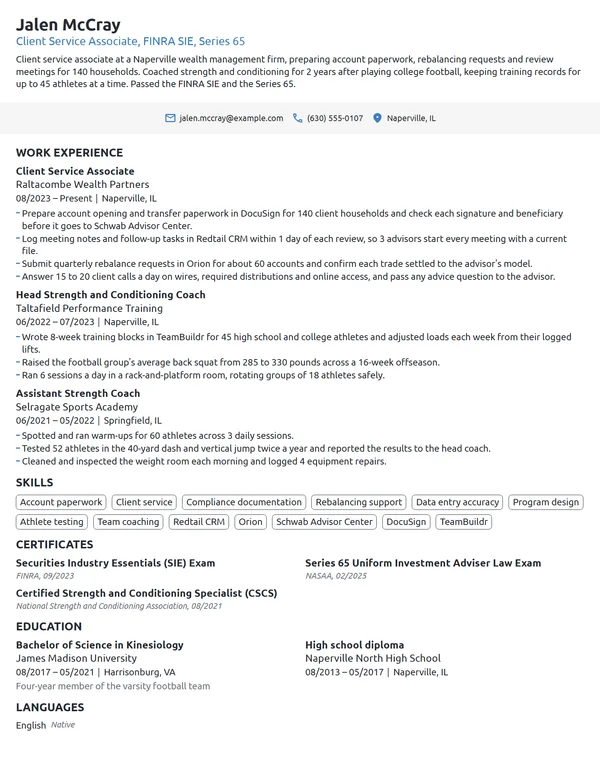 Career Change from Athletics resume example