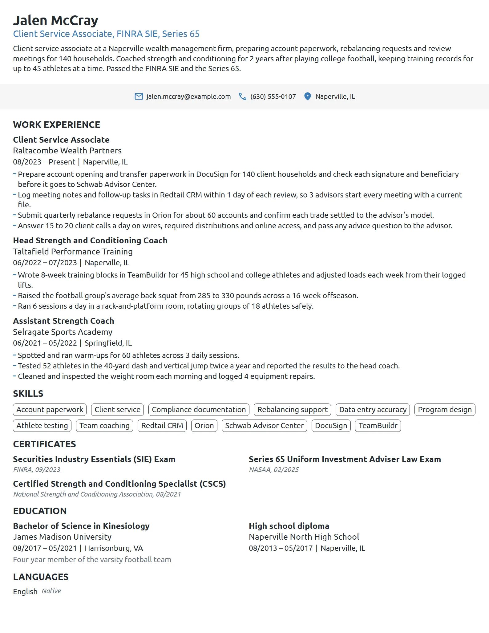 Career Change from Athletics resume example