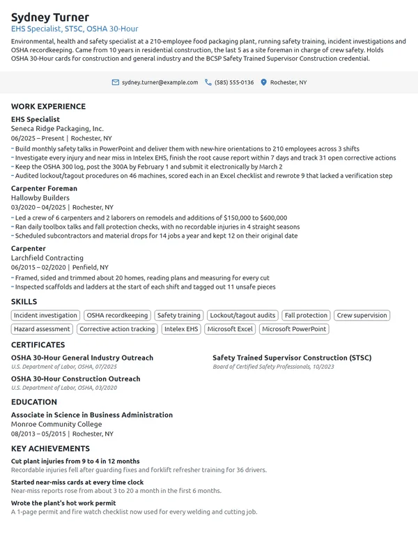 Career Change from Construction resume example
