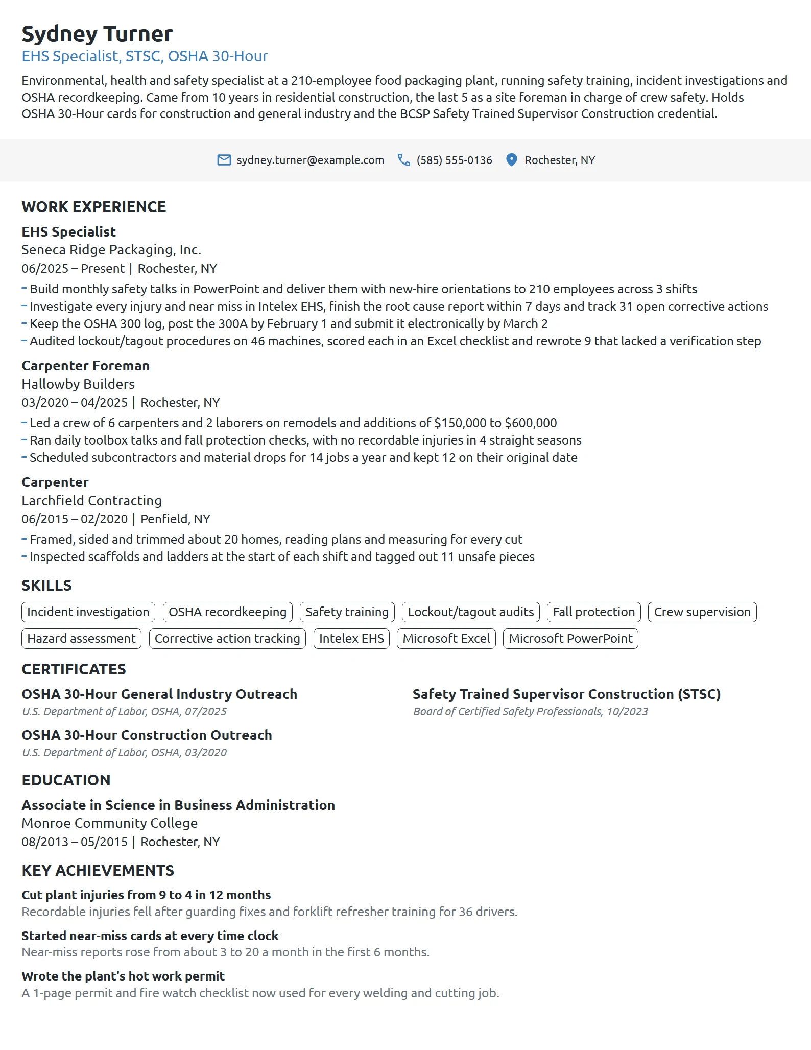 Career Change from Construction resume example