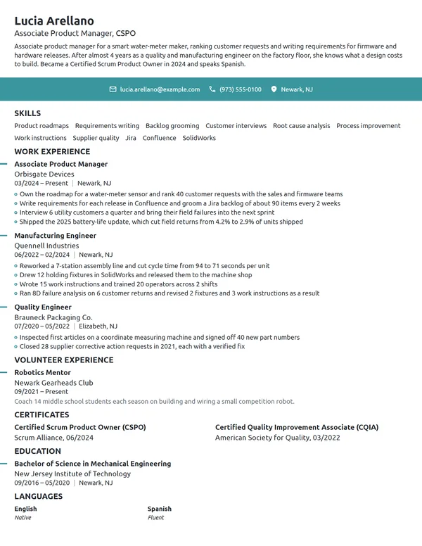 Career Change from Engineering resume example