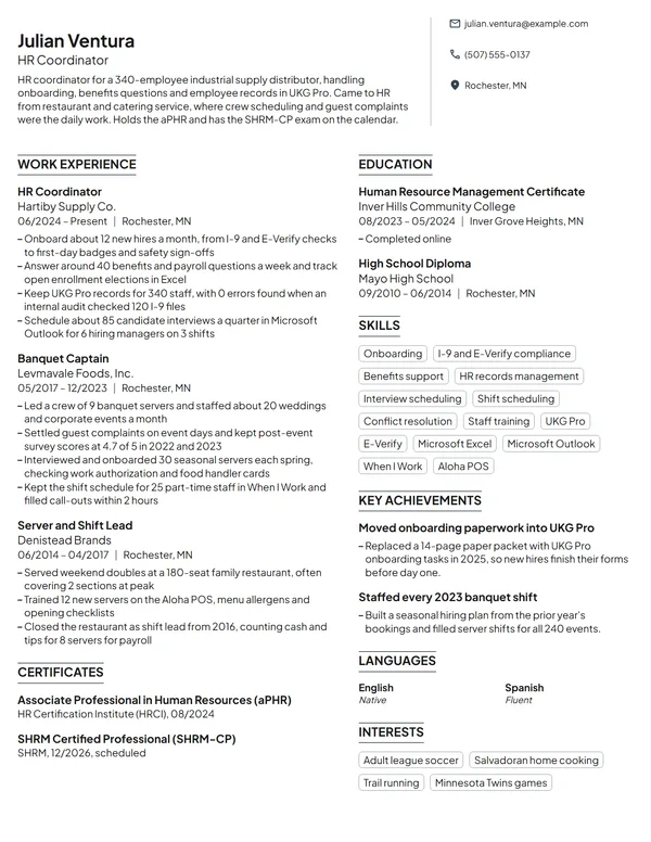 Career Change from Hospitality resume example
