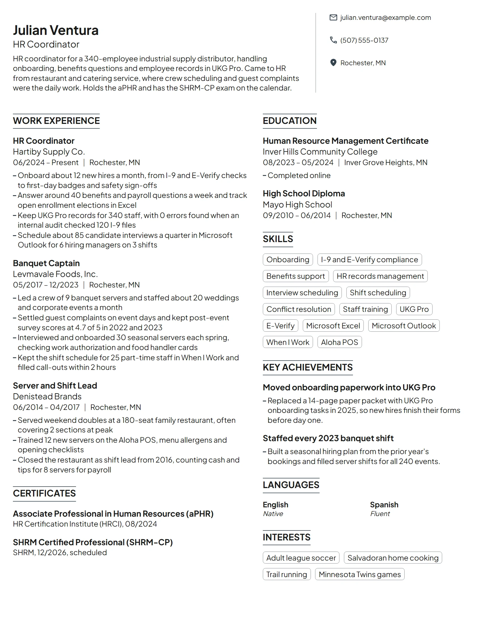 Career Change from Hospitality resume example