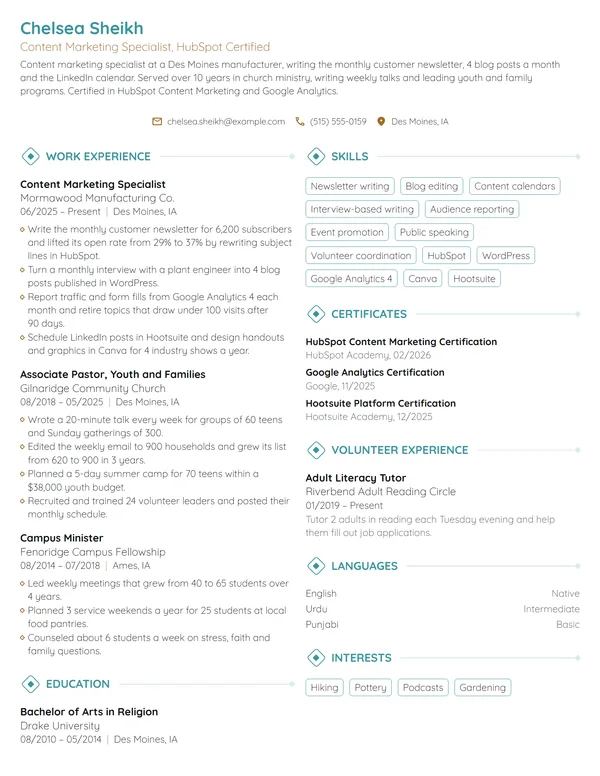 Career Change from Ministry resume example