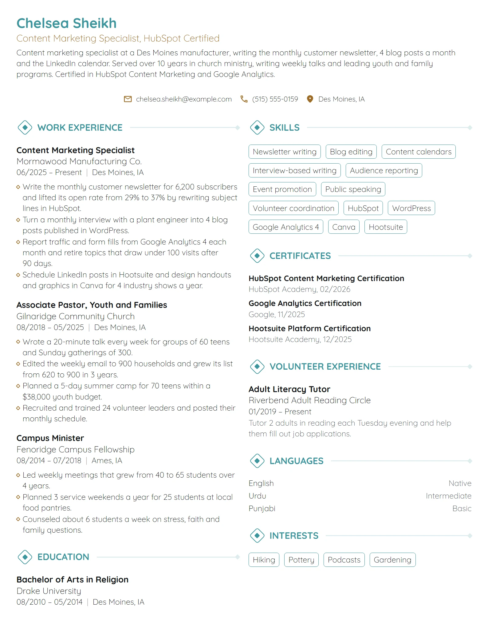 Career Change from Ministry resume example