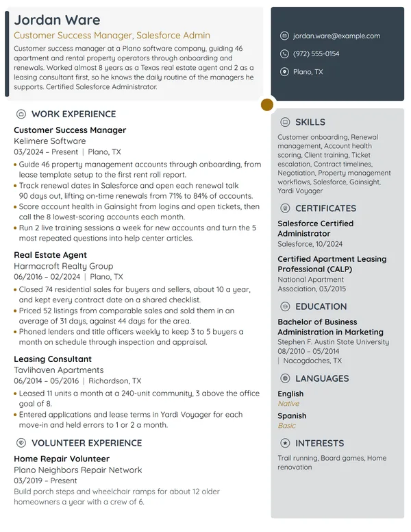 Career Change from Real Estate resume example
