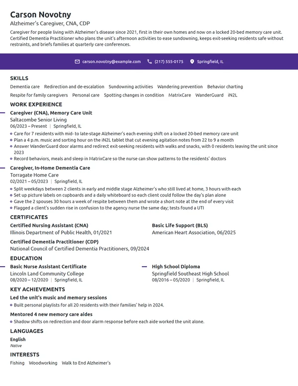 Alzheimer's Caregiver resume example